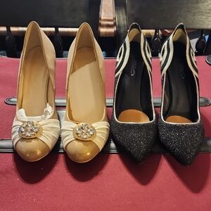 Chic Cream and Black Heels with Rhinestone Embellishments